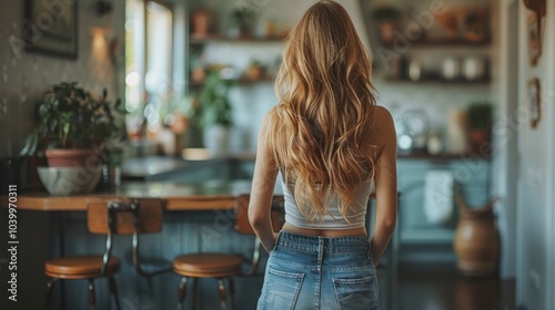 Back view of a beautiful young woman standing in the kitchen at home