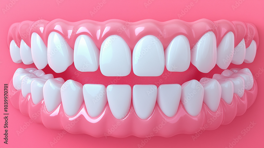 Fototapeta premium 3d render of jaw with teeth on pink background. Dentistry concept