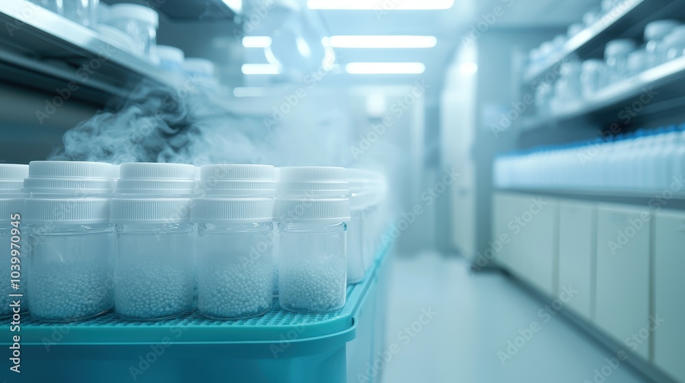 A row of containers emits steam in a sterile laboratory setting, suggesting a focus on scientific research or preservation techniques. A row of containers emits steam in a sterile laboratory setting, suggesting a focus on scientific research or preservation techniques.