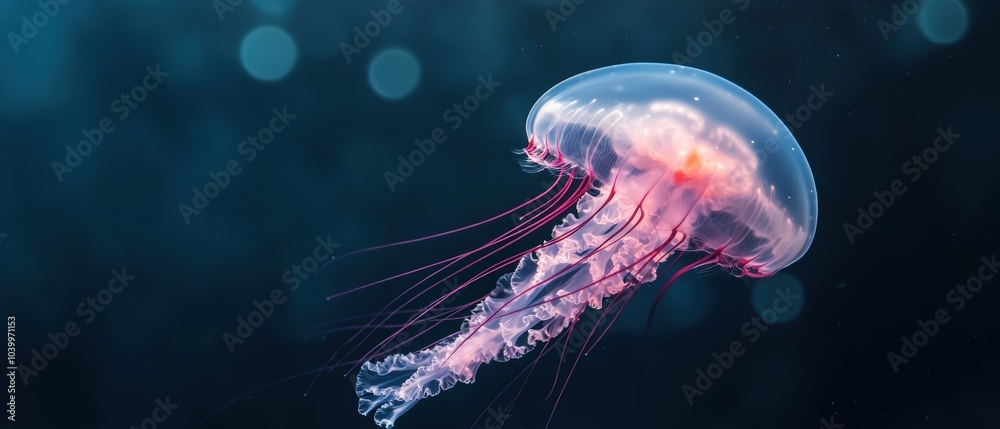 Stunning jellyfish gliding gracefully in ocean depths, illuminated by soft blue light. Stunning jellyfish gliding gracefully in ocean depths, illuminated by soft blue light.