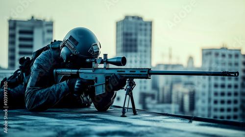 tactical sniper in full tactical gear takes aim from a rooftop