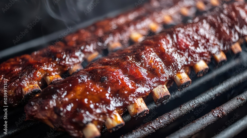 close-up of juicy bbq ribs sizzling in a smoker, highlighting the rich textures and mouth-watering appearance, perfect for food photography enthusiasts and culinary art close-up of juicy bbq ribs sizzling in a smoker, highlighting the rich textures and mouth-watering appearance, perfect for food photography enthusiasts and culinary art