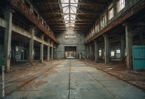 Abandoned Industrial Building Corridor With Exposed Beams And Large Windows