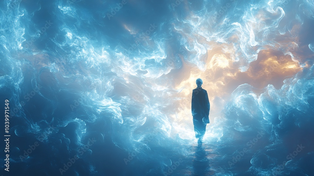 Fototapeta premium Conceptual illustration of oxygen therapy a person surrounded by swirling blue light symbolizing the benefits of purified air for enhanced health and recovery