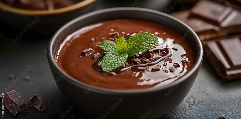 A rich chocolate mousse topped with mint and chocolate shavings in a dark bowl. A rich chocolate mousse topped with mint and chocolate shavings in a dark bowl.