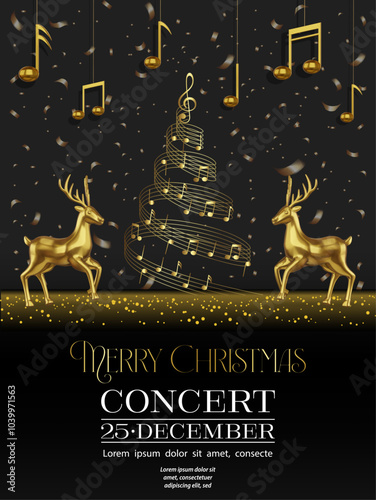 christmas concert flyer with christmas tree shaped musical pentagram and gold reindeers. christmas concert poster with gold musical notes