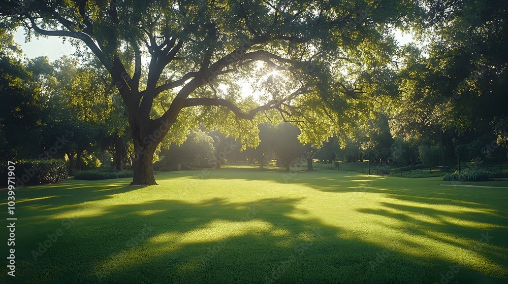 Majestic oak tree in a lush green park with dappled sunlight filtering through leaves, vibrant foliage, and a peaceful garden setting, captured in high-resolution with rich colors. Majestic oak tree in a lush green park with dappled sunlight filtering through leaves, vibrant foliage, and a peaceful garden setting, captured in high-resolution with rich colors.