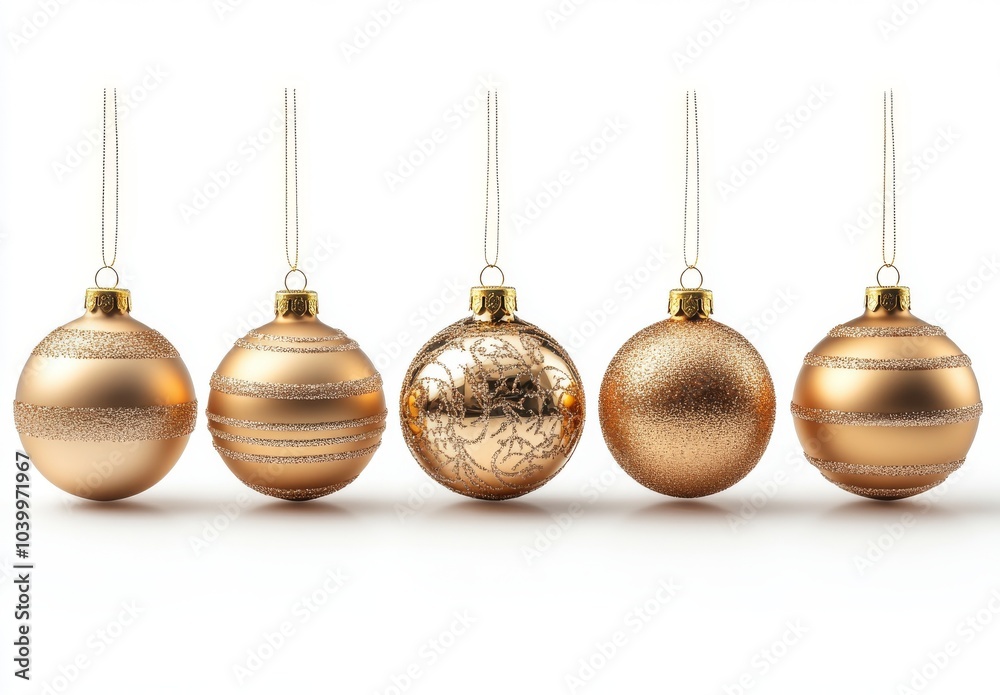 The golden color variation collection of Christmas balls hanging on the wall The golden color variation collection of Christmas balls hanging on the wall