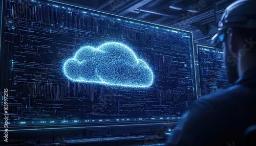A user interacts with a glowing cloud symbol displayed in a digital interface, representing cloud computing and advanced technology.