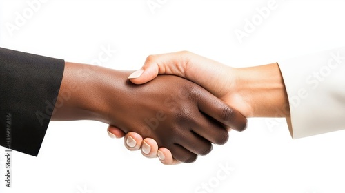 close-up of two professionals in formal attire shaking hands against a clean white background, capturing the essence of agreement and partnership in a polished and professional manner