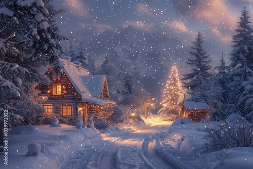 Cozy Snow-covered Cabin with Christmas Lights and Snowfall at Night