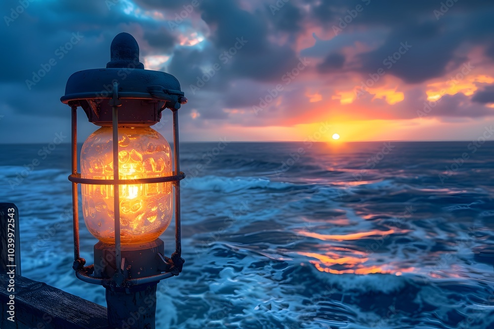 Serene Sunset by the Sea with a Glowing Lantern Serene Sunset by the Sea with a Glowing Lantern