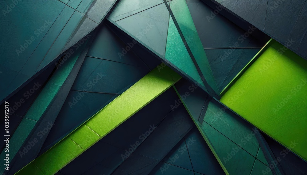 Fototapeta premium Abstract geometric design with green and dark blue shapes, creating a futuristic look.