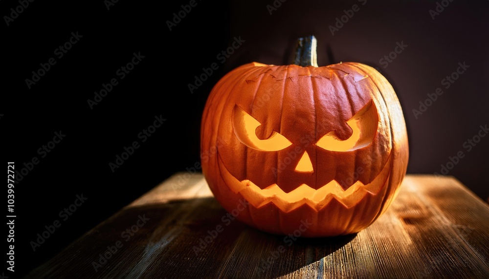 A glowing jack-o'-lantern carved with a sinister grin, sitting on a wooden table in a dimly lit room. A glowing jack-o'-lantern carved with a sinister grin, sitting on a wooden table in a dimly lit room.
