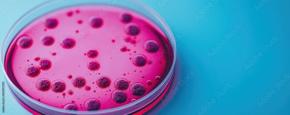 A vibrant pink petri dish filled with bubbles, set against a contrasting blue background, evokes a scientific atmosphere. A vibrant pink petri dish filled with bubbles, set against a contrasting blue background, evokes a scientific atmosphere.