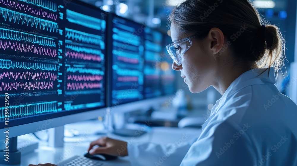 A focused scientist analyzes data on multiple screens, illuminated by colorful graphs and charts in a high-tech laboratory environment. A focused scientist analyzes data on multiple screens, illuminated by colorful graphs and charts in a high-tech laboratory environment.