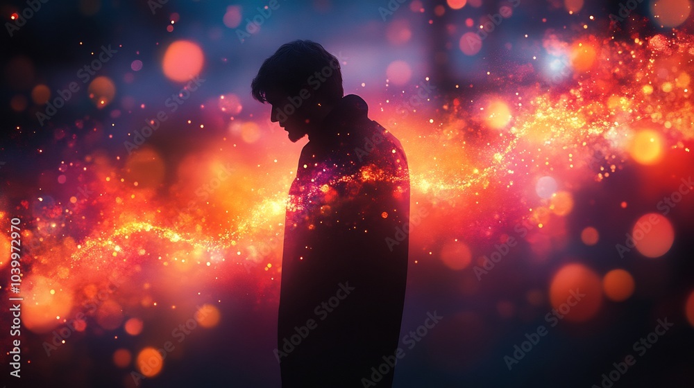 Conceptual scene illustrating epigenetics where person is surrounded by dynamic colorful patterns symbolizing the layers of genetic expression and how lifestyle influences gene behavior Conceptual scene illustrating epigenetics where person is surrounded by dynamic colorful patterns symbolizing the layers of genetic expression and how lifestyle influences gene behavior