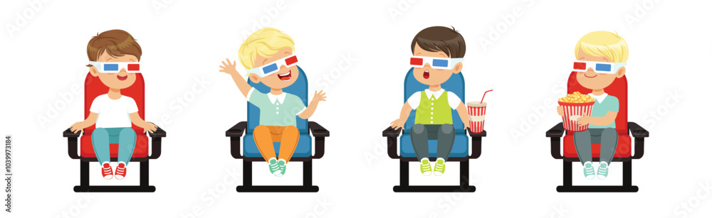 Cute Kids Character Watching Movie Sit on Chair in 3D Glasses Vector Set Cute Kids Character Watching Movie Sit on Chair in 3D Glasses Vector Set
