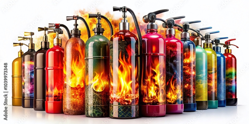 Fire Extinguishers Isolated on White Background - 3D Illustration of Various Types for Safety and Emergency Fire Extinguishers Isolated on White Background - 3D Illustration of Various Types for Safety and Emergency