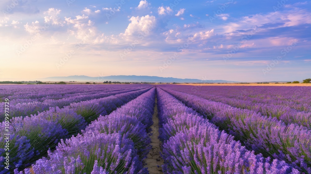 Naklejka premium K Ultra HD Lavender Field in Full Bloom Under Summer Sky