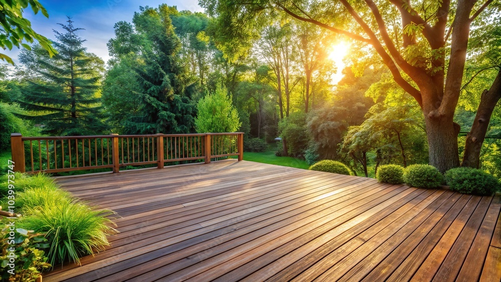 Obraz premium Close-up wooden deck backyard surrounded by trees greenery