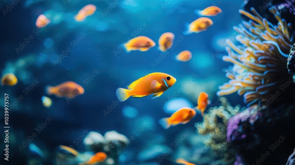 Vibrant orange fish swimming gracefully in a lively coral reef, showcasing the beauty of underwater marine life in a captivating ocean scene. Vibrant orange fish swimming gracefully in a lively coral reef, showcasing the beauty of underwater marine life in a captivating ocean scene.