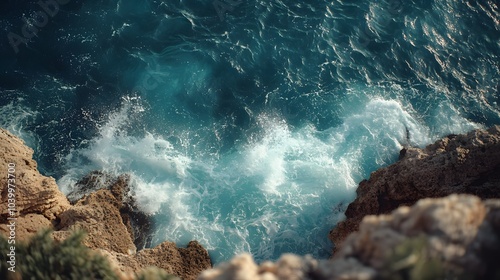 Dynamic seascape of powerful turquoise ocean waves crashing against rugged rocks with white foam, sunlight reflections, and vibrant coastal scenery in high resolution.