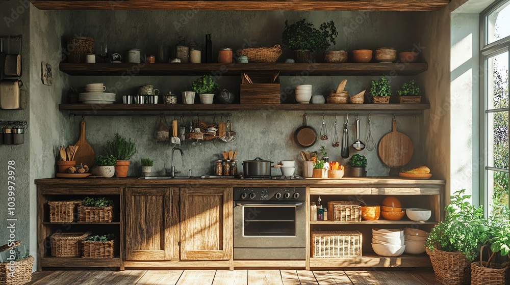 Cozy kitchen with wooden shelves and green plants, warm ambiance. Cozy kitchen with wooden shelves and green plants, warm ambiance.
