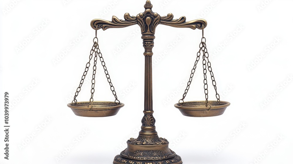 close-up view of ornate scales of justice, balanced perfectly, symbolizing fairness and legal matters, set against a clean white background for a striking effect close-up view of ornate scales of justice, balanced perfectly, symbolizing fairness and legal matters, set against a clean white background for a striking effect