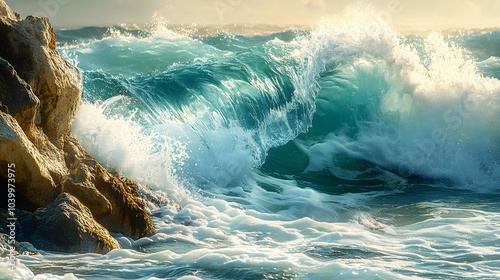 Dynamic seascape of powerful turquoise ocean waves crashing against rugged rocks with white foam, sunlight reflections, and vibrant coastal scenery in high resolution.