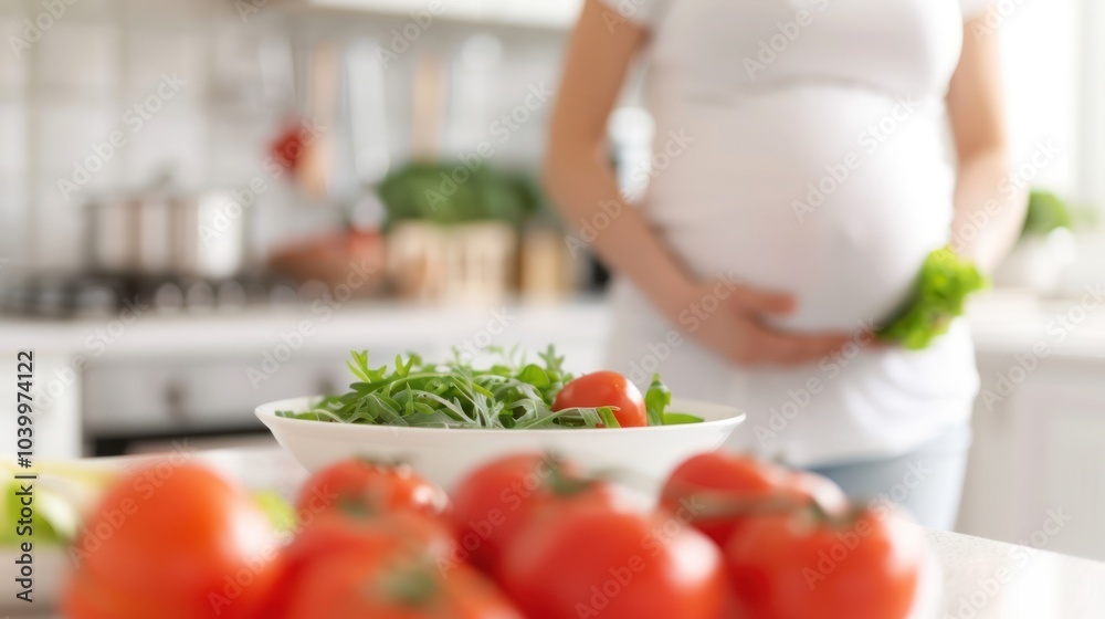 A pregnant person holds fresh vegetables in a modern kitchen, highlighting healthy eating during pregnancy.