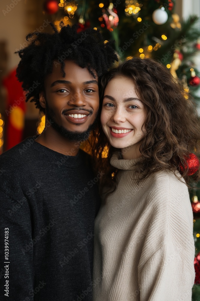 A man and a woman are smiling at the camera in front of a Christmas tree. The man is wearing a black shirt and the woman is wearing a white shirt. They seem to be happy and enjoying the moment A man and a woman are smiling at the camera in front of a Christmas tree. The man is wearing a black shirt and the woman is wearing a white shirt. They seem to be happy and enjoying the moment