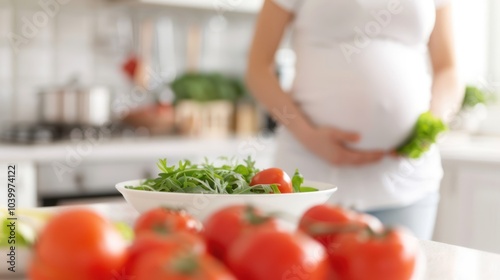 Obraz na płótnie A pregnant person holds fresh vegetables in a modern kitchen, highlighting healthy eating during pregnancy. w salonie