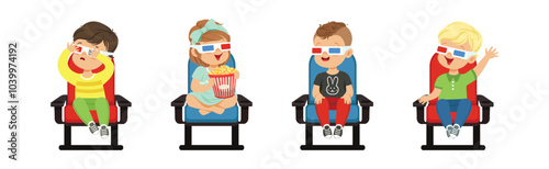 Cute Kids Character Watching Movie Sit on Chair in 3D Glasses Vector Set