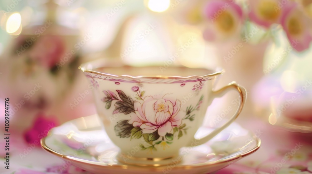 Fototapeta premium White cup with pink flowers on it sits on a saucer