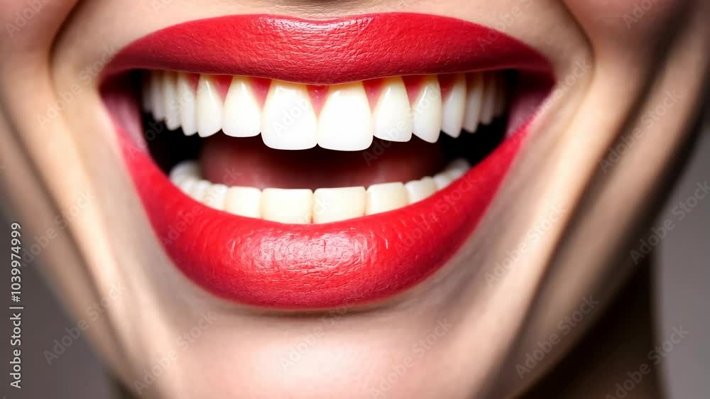 A woman with red lipstick smiles, revealing bright, white teeth A woman with red lipstick smiles, revealing bright, white teeth
