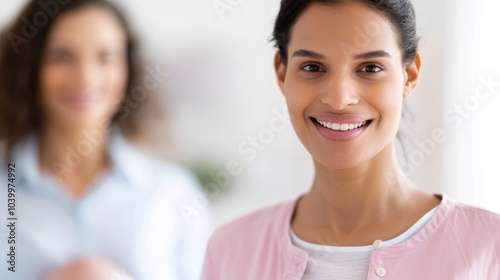 Free Download A smiling woman in a soft pink cardigan stands in a bright room, with another woman blurred in the background. - GFXLoad