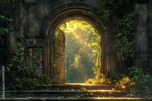 An ancient stone archway overgrown with vines leads to a hidden forest path with sunlight streaming through the trees.