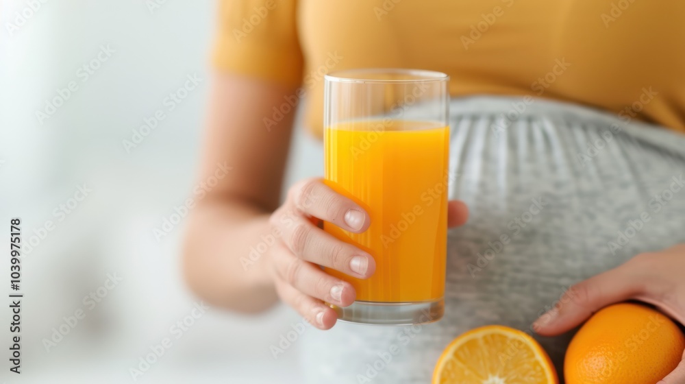A pregnant woman holds a glass of orange juice and a fresh orange, symbolizing health and vitality during pregnancy. A pregnant woman holds a glass of orange juice and a fresh orange, symbolizing health and vitality during pregnancy.