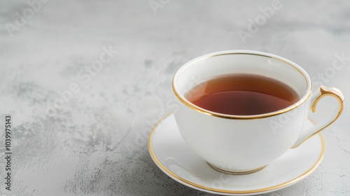 White cup with a gold rim sits on a white saucer