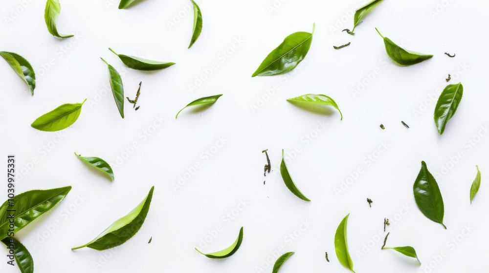 White background with green leaves scattered all over it White background with green leaves scattered all over it