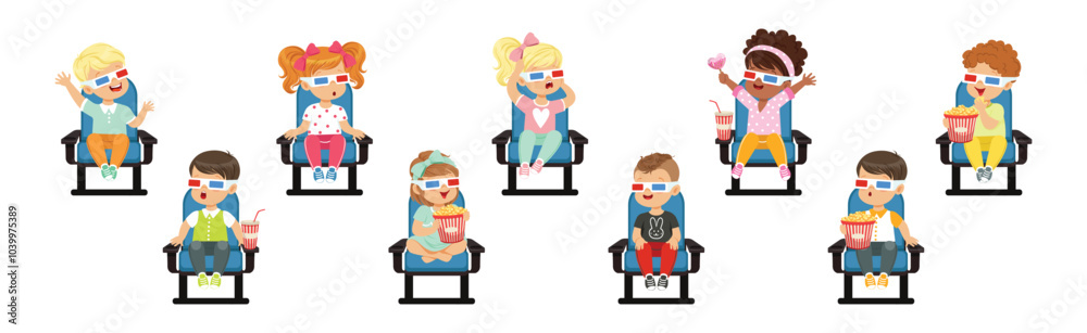Cute Kids Character Watching Movie Sit on Chair in 3D Glasses Vector Set Cute Kids Character Watching Movie Sit on Chair in 3D Glasses Vector Set