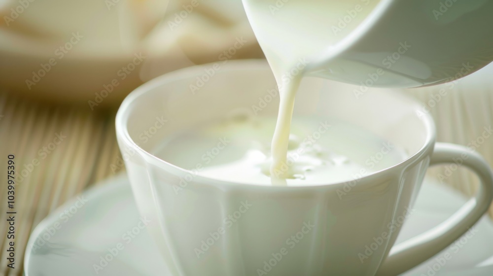 White cup of milk is being poured into a white cup White cup of milk is being poured into a white cup
