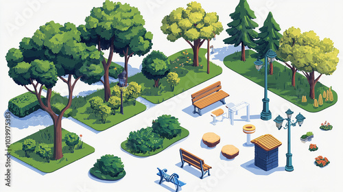 Fototapeta Naklejka Na Ścianę i Meble -  Isometric 3d illustration park trees forest nature elements flat design background for landscape design. Vector isolated for a city map, games, and your town.