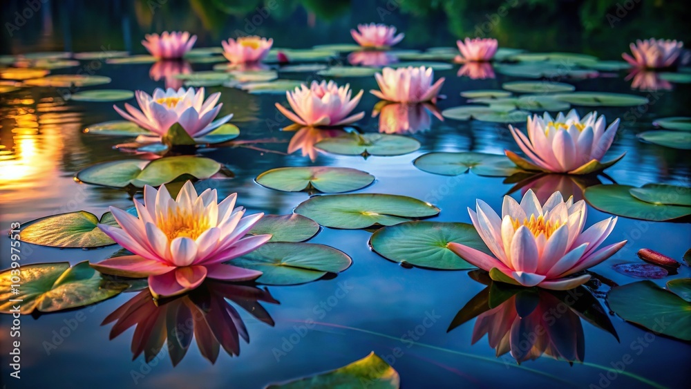 Closing up water lilies in pond at night Closing up water lilies in pond at night