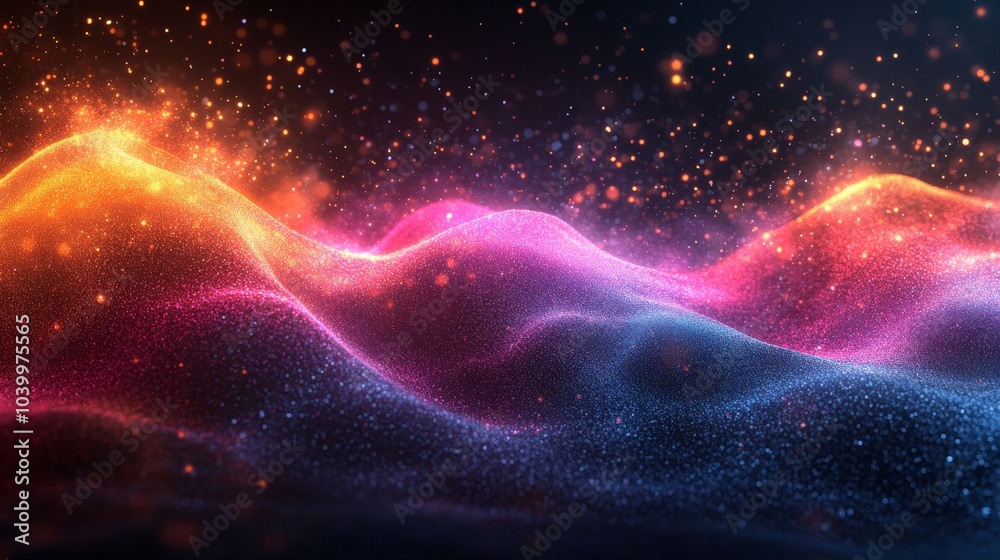 Decorative abstract wallpaper with wavy neon lines glowing in the dark. 3D rendering. Decorative abstract wallpaper with wavy neon lines glowing in the dark. 3D rendering.