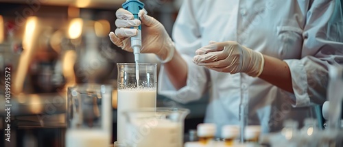 Extremely close-up of a dairy scientist's hands performing milk quality tests against a hazy background of lab equipment and text space, Generative AI.