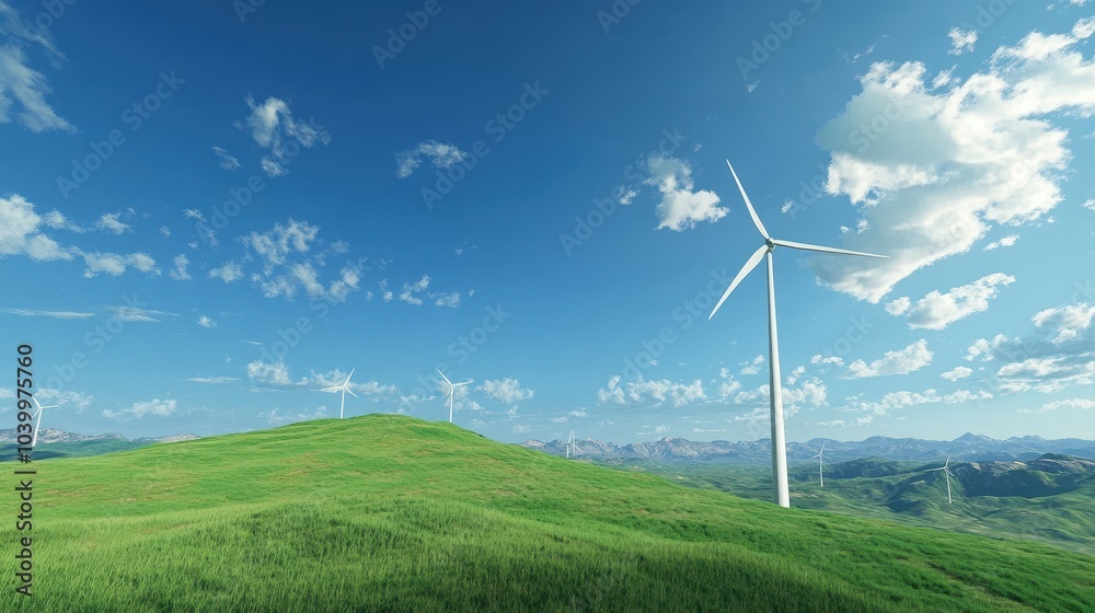 Fototapeta premium white wind turbine on green hill on blue summer sky. environmentally friendly electricity