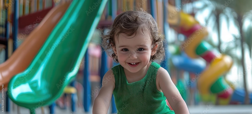 Happy child playing in sand at a playground with colorful slides in the background. Happy child playing in sand at a playground with colorful slides in the background.
