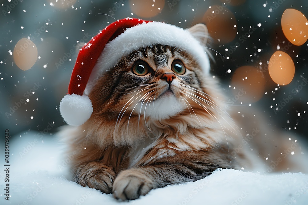 A fluffy cat wearing a Santa hat enjoys the snowy Christmas atmosphere. A fluffy cat wearing a Santa hat enjoys the snowy Christmas atmosphere.